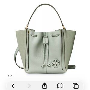 Tory Burch McGraw Dragonfly Sage Green Leather Drawstring Shoulder Tote